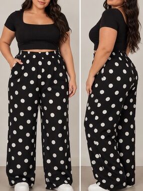 Women’s Polka Dot Wide Leg Palazzo Pants Size 2XL Black